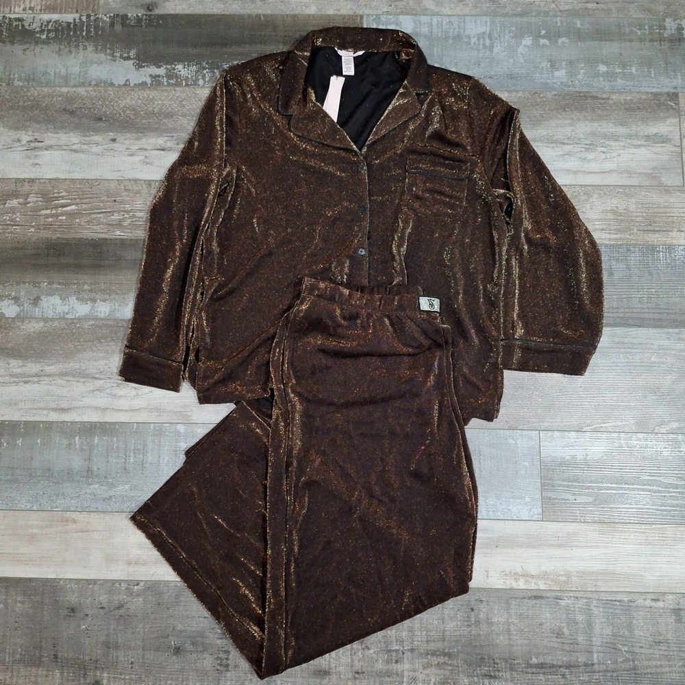 Victoria's Secret Shimmer Pajama Set Gold Sparkle Glitter Shine Size XL